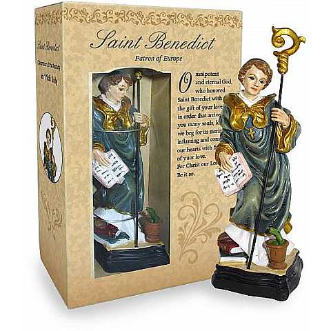 Statua di San Benedetto da 12 cm in confezione regalo con segnalibro in versione INGLESE
