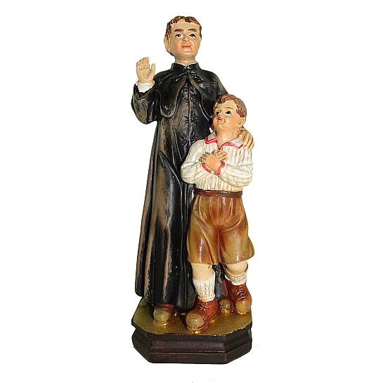 Statua di San Giovanni Bosco con bambino da 12 cm in confezione regalo con segnalibro	