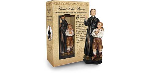 Statua di San Giovanni Bosco con bambino da 12 cm in confezione regalo con segnalibro in versione INGLESE