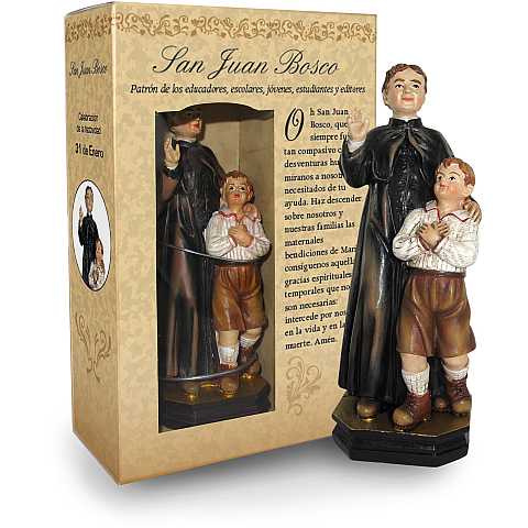 Statua di San Giovanni Bosco con bambino da 12 cm in confezione regalo con segnalibro in versione SPAGNOLO