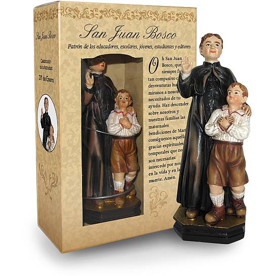Statua di San Giovanni Bosco con bambino da 12 cm in confezione regalo con segnalibro in versione SPAGNOLO