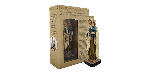 Statua della Madonna del Carmine da 12 cm in confezione regalo con segnalibro in IT/EN/ES/FR