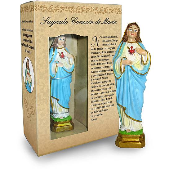 Statua del Sacro Cuore di Maria da 12 cm in confezione regalo con segnalibro in versione SPAGNOLO