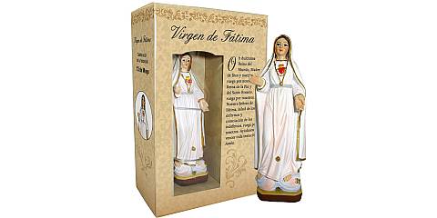 Statua di Madonna Fatima da 12 cm in confezione regalo con segnalibro in versione SPAGNOLO