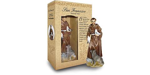 Statua di San Francesco da 12 cm in confezione regalo con segnalibro in versione SPAGNOLO