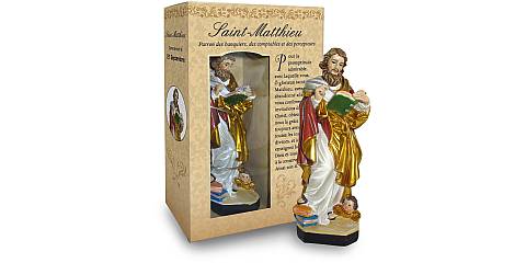 Statua di San Matteo da 12 cm in confezione regalo con segnalibro in versione FRANCESE