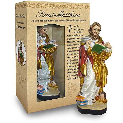 Statua di San Matteo da 12 cm in confezione regalo con segnalibro in versione FRANCESE