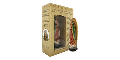 Statua della Madonna di Guadalupe da 12 cm in confezione regalo con segnalibro in IT/EN/ES/FR
