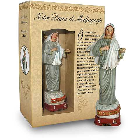 Statua della Madonna di Medjugorje da 12 cm in confezione regalo con segnalibro in versione FRANCESE