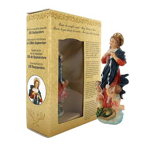 Statua di Maria che scioglie i nodi da 12 cm in confezione regalo con segnalibro in IT/EN/ES/FR