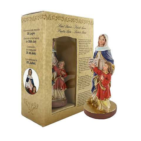 Statua di Sant Anna da 12 cm in confezione regalo con segnalibro in IT/EN/ES/FR