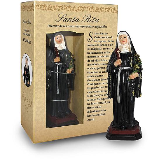 Statua di Santa Rita da 12 cm in confezione regalo con segnalibro in versione SPAGNOLO
