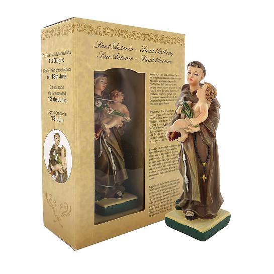 Statua di Sant'Antonio da 12 cm in confezione regalo con segnalibro in IT/EN/ES/FR