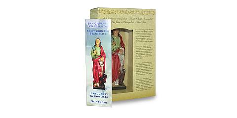 Statua di San Giovanni Evangelista da 12 cm in confezione regalo con segnalibro in IT/EN/ES/FR