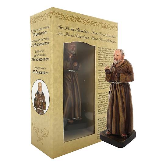 Statua di San Pio da 12 cm in confezione regalo con segnalibro in IT/EN/ES/FR