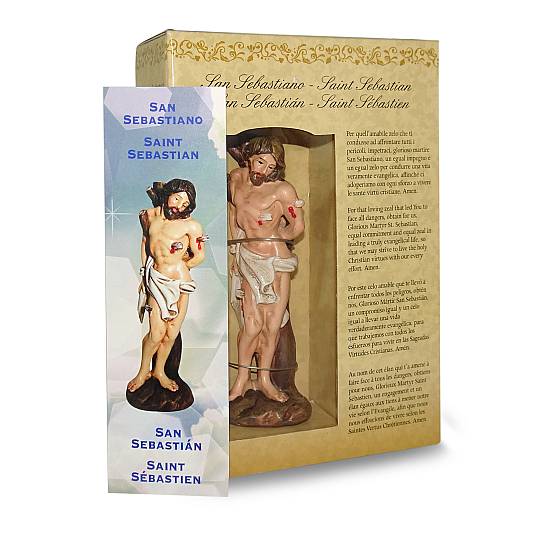 Statua di San Sebastiano da 12 cm in confezione regalo con segnalibro in IT/EN/ES/FR