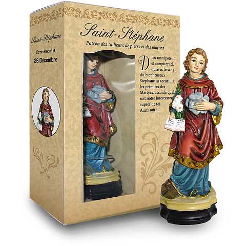 Statua di Santo Stefano da 12 cm in confezione regalo con segnalibro in versione FRANCESE