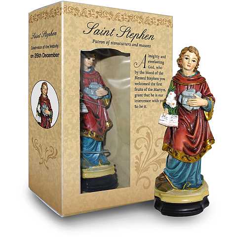 Statua di Santo Stefano da 12 cm in confezione regalo con segnalibro in versione INGLESE