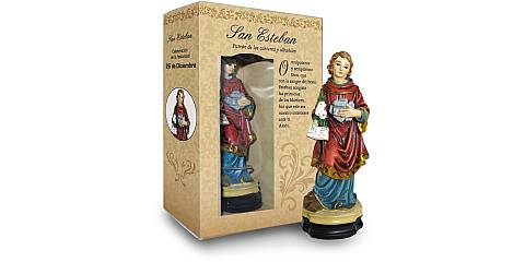 Statua di Santo Stefano da 12 cm in confezione regalo con segnalibro in versione SPAGNOLO