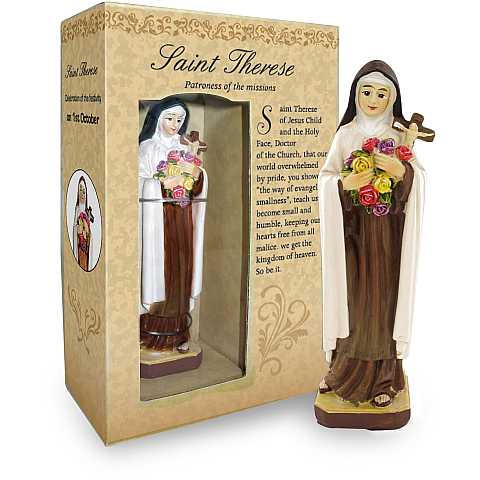 Statua di Santa Teresa di Lisieux da 12 cm in confezione regalo con segnalibro in versione INGLESE