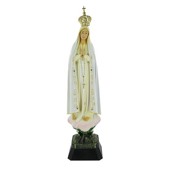 Statua Madonna di Fatima dipinta a mano con decorazioni color oro e strass (circa 35 cm)