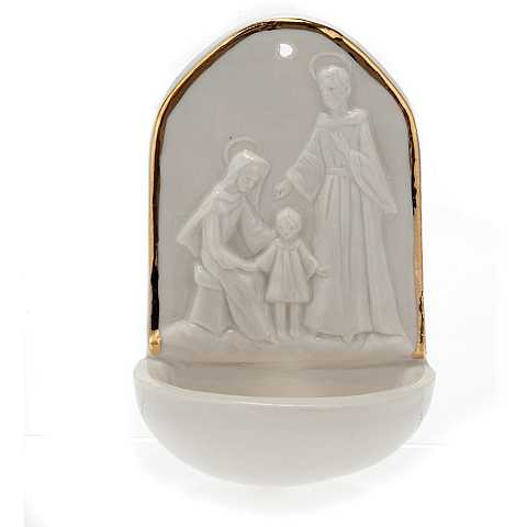 Acquasantiera Sacra Famiglia in porcellana con profilo in oro zecchino cm 12