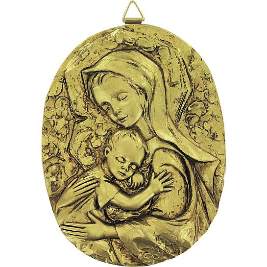 Quadro Madonna con Bambino ovale in resina dipinta a mano - Bassorilievo - 25,5 x 34 cm 