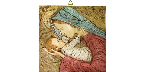 Quadro Madonna con Bambino quadrato in resina dipinta a mano - Bassorilievo - 7 x 7 cm 