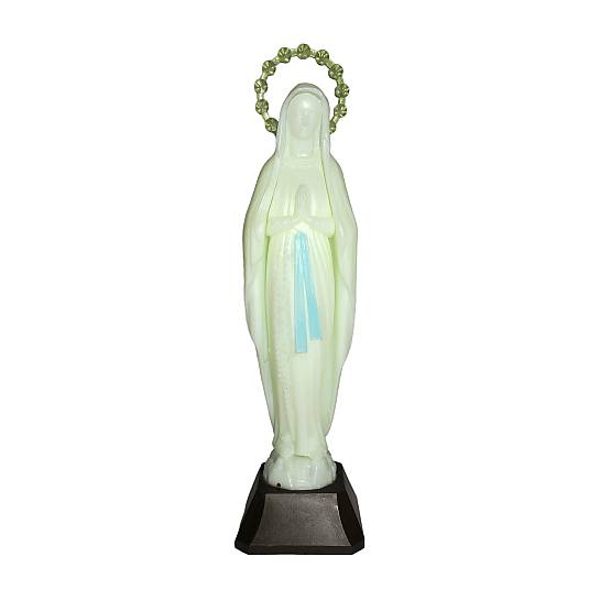 Statua Madonna di Lourdes, Plastica Fosforescente, Si Illumina al Buio, 14 Centimetri Circa