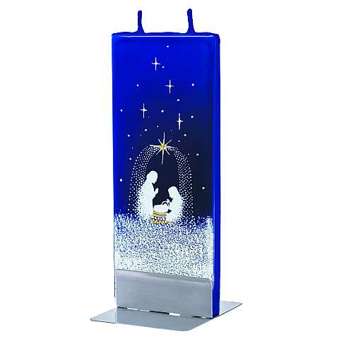 Candela natalizia in cera blu con natività 15 x 6 cm