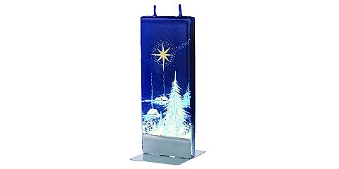 Candela natalizia in cera blu con paesaggio innevato 15 x 6 cm