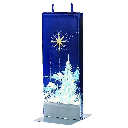 Candela natalizia in cera blu con paesaggio innevato 15 x 6 cm