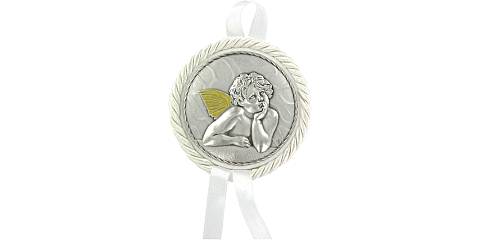 Sopraculla in pelle con medaglia in metallo raffigurante un angelo cherubino (bianco) Ø 7 cm