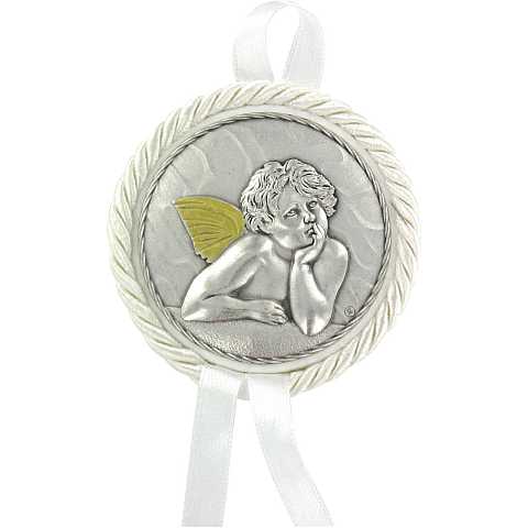Sopraculla in pelle con medaglia in metallo raffigurante un angelo cherubino (bianco) Ã˜ 7 cm