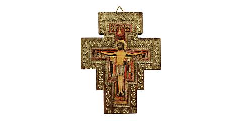 Crocifisso San Damiano da parete stampa su legno bordo oro - 10 x 8 cm