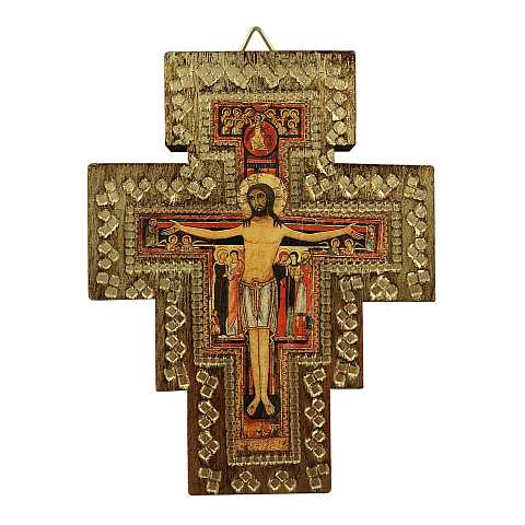 Crocifisso San Damiano da parete stampa su legno bordo oro - 10 x 8 cm