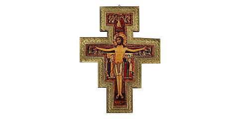 Crocifisso San Damiano da parete stampa su legno bordo oro - 20 x 27 cm