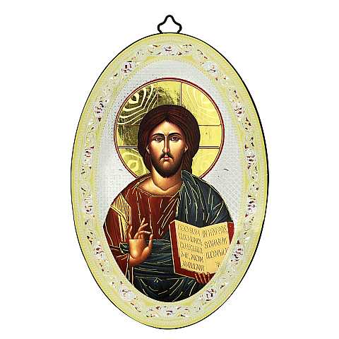 Icona Cristo con Libro Aperto stampa su legno ovale - 12 x 18 cm