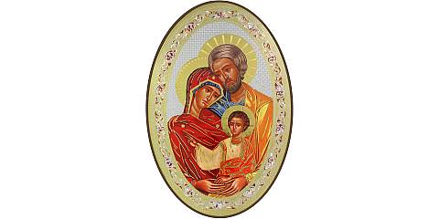 Icona Sacra Famiglia, stampa cartacea su legno MDF ovale - 12 x 18 cm