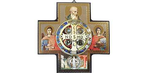  Croce icona San Benedetto stampa su legno - 15 x 15 cm