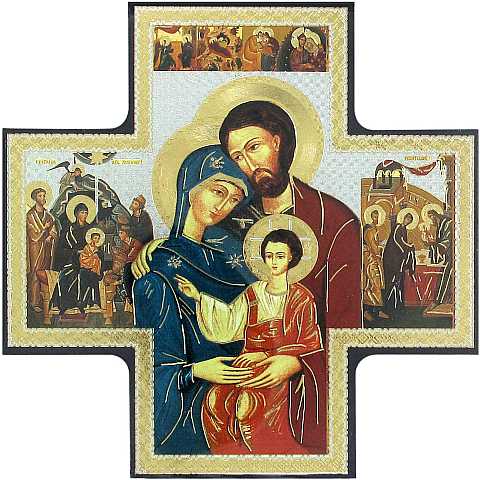 Croce icona Sacra Famiglia in legno - 15 x 15 cm