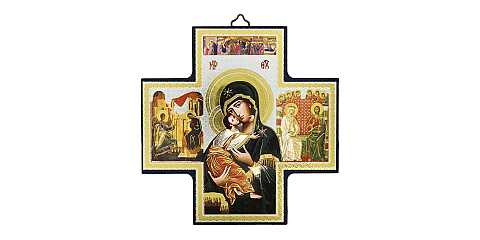 Croce icona Madonna Tenerezza stampa su legno - 15 x 15 cm