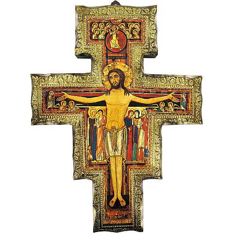 Croce San Damiano in metallo ossidato su legno ulivo con cordone - 3 x 2 cm