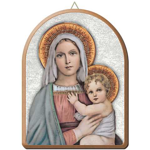 Tavola Madonna col Bambino stampa su legno ad arco - 15 x 20 cm 