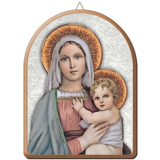 Tavola Madonna col Bambino stampa su legno ad arco - 15 x 20 cm 