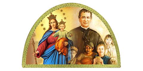 Tavola San Giovanni Bosco e Madonna Ausiliatrice stampa su legno ad arco - 18 x 12 cm
