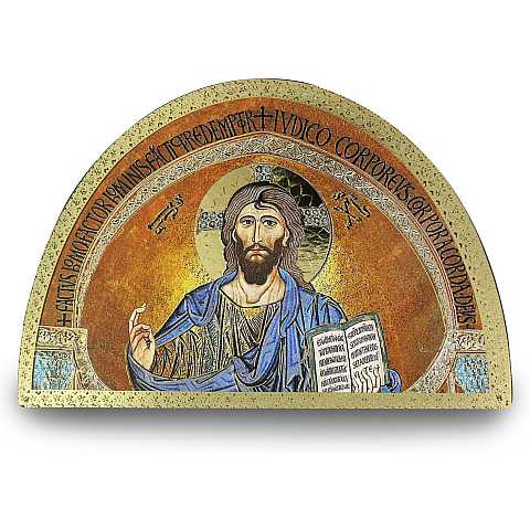 Tavola Cristo con il Libro Aperto stampa su legno ad arco - 18 x 12 cm