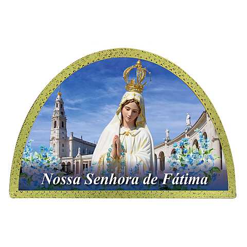 Tavola Madonna di Fatima stampa su legno ad arco con scritta in portoghese - 18 x 12 cm