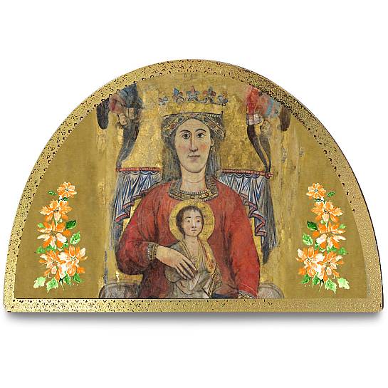 Tavola Madonna dell'Impruneta stampa su legno ad arco - 18 x 12 cm