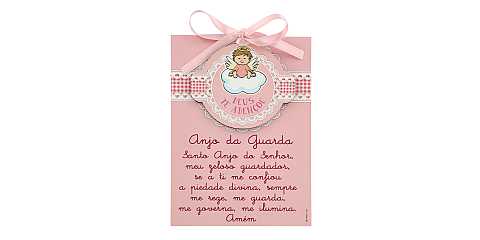 Sopraculla rosa con nastrino e preghiera cm. 10x14 - medaglione cm. 7,5 x 7,5 - portoghese